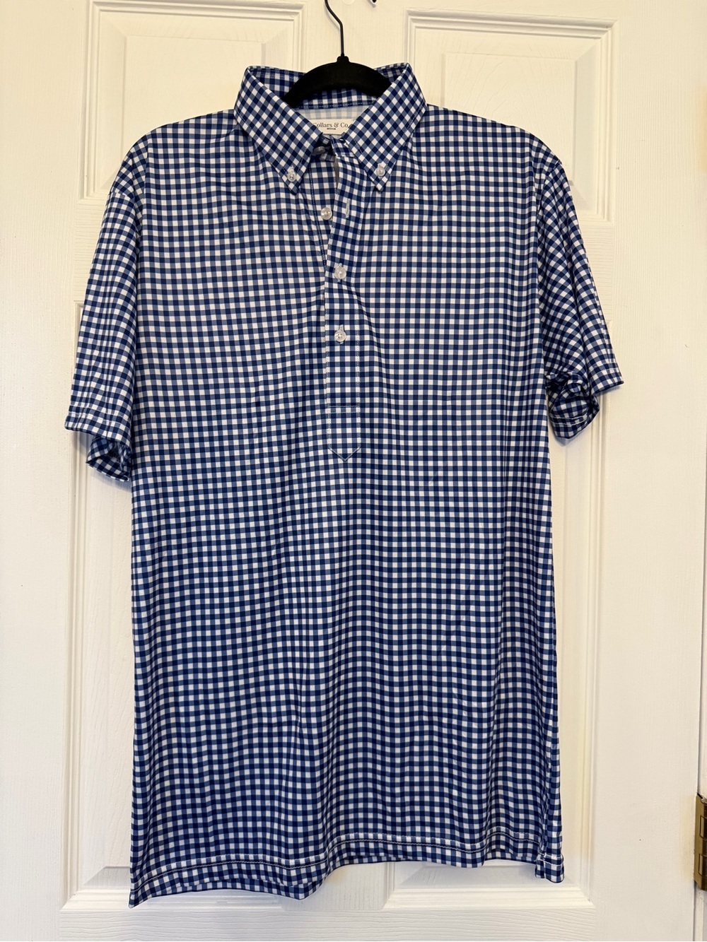 Men's Blue and White Gingham Short-Sleeve Polo. Medium
